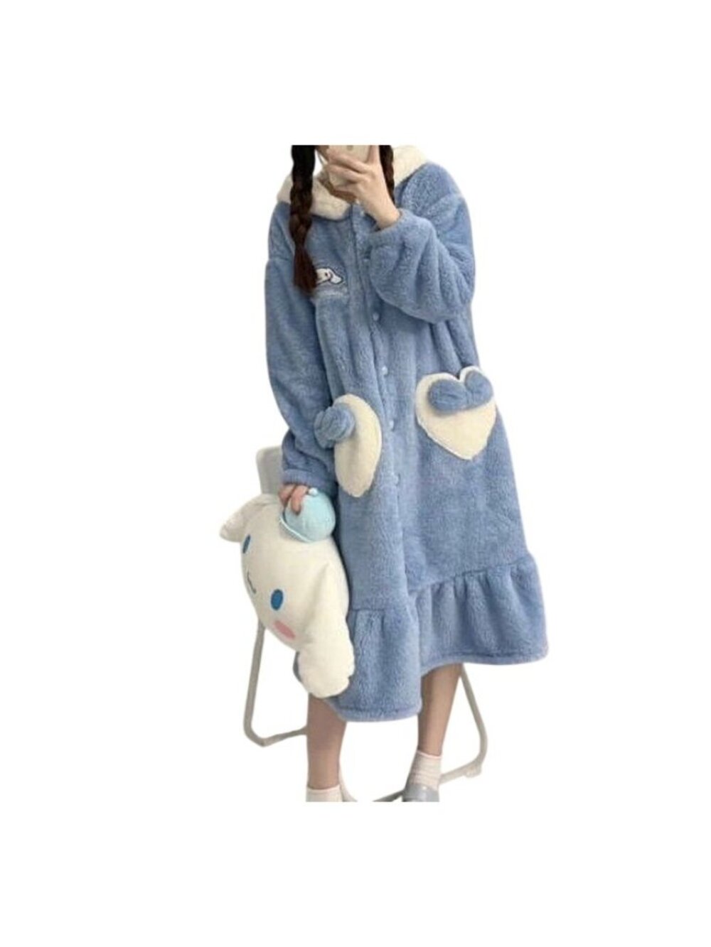 Cinnamoroll Plush Blue Bunny Hooded Fleece Bathrobe  O/S Heart Pockets & Belt Ti